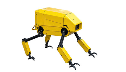 A bright yellow, boxy quadruped robot with articulated legs on a black background