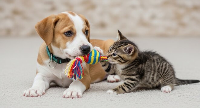 A puppy and kitten play together, tugging on a colorful toy rope on a textured surface