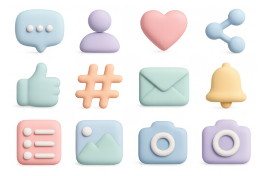 Pastel 3d icons set with smooth design for social media and communication themes