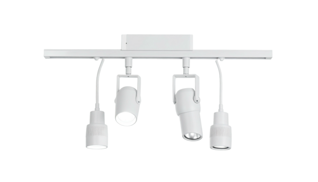 White track lighting system with adjustable spotlights, isolated on black
