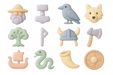Cute pastel viking icons featuring norse symbols, animals, and tools