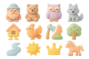 Fototapeta premium Charming pastel forest creatures and objects in soft clay style