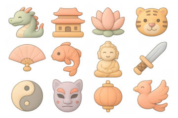 Charming kawaii style icons of asian culture with soft pastel colors