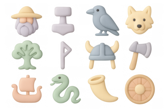 Cute pastel viking icons featuring norse symbols, animals, and tools