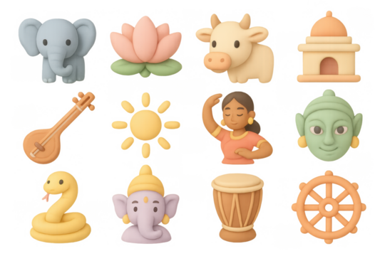 Colorful 3d icons of indian culture featuring elephant, lotus, and temple