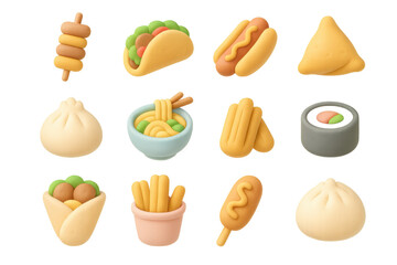 Colorful 3d icons of international street food snacks
