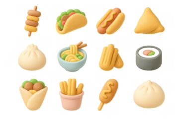Colorful 3d icons of international street food snacks