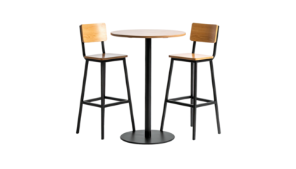 Modern bistro set round table with two high chairs, isolated on black background
