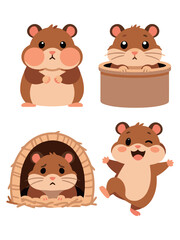 Cute cartoon set of a brown hamster: chubby, in a container, sad in a nest, and happy dancing, vector illustration.