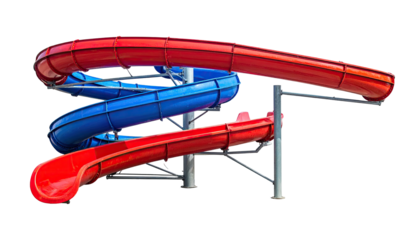 Colorful, twisting water slide with red and blue sections, supported by metal
