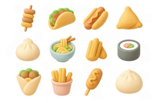 Colorful 3d icons of international street food snacks