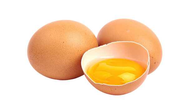 Three brown eggs, one cracked open, revealing a bright yellow yolk