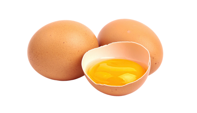 Three brown eggs, one cracked open, revealing a bright yellow yolk