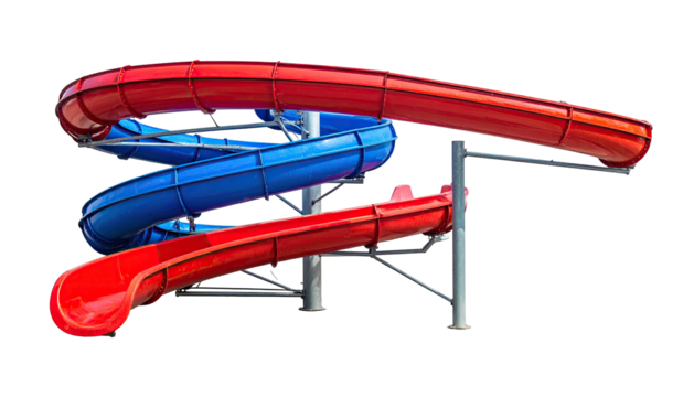 Colorful, twisting water slide with red and blue sections, supported by metal