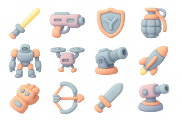 3d pastel toy weapons and gadgets collection for gaming concepts