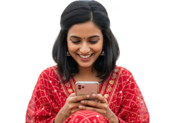 Young indian woman smiling while looking at her phone, isolated on transparent background