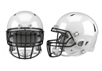 Two white football helmets isolated on transparent background