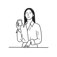 Line illustration of a woman holding a coffee cup and looking confidently forward &mdash; coffee and lifestyle vector