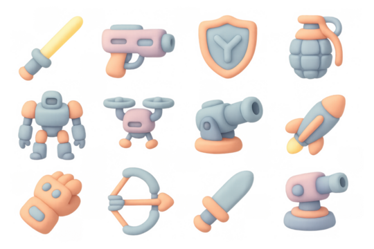 3d pastel toy weapons and gadgets collection for gaming concepts