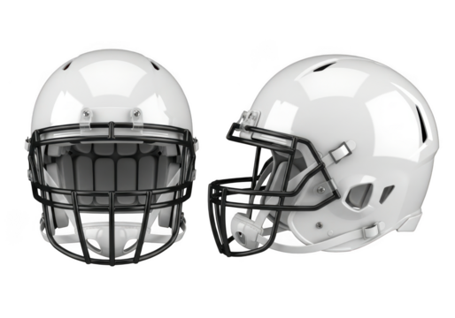 Two white football helmets isolated on transparent background