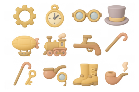 Vintage steampunk icon set featuring retro objects and accessories in 3d style