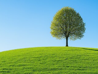 Obraz premium Lone tree on green hilltop, bright sun, clear blue sky