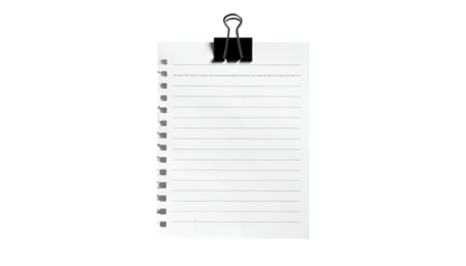 A lined paper pad held by a black binder clip on a black background