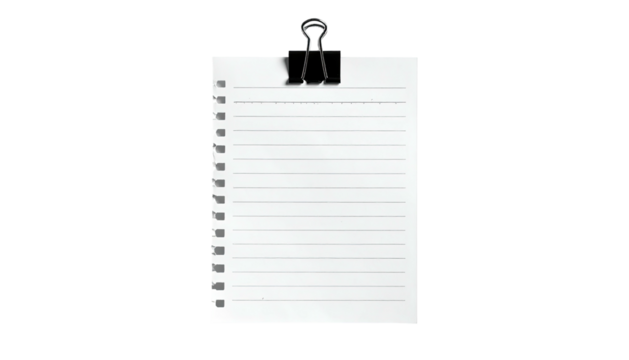 A lined paper pad held by a black binder clip on a black background