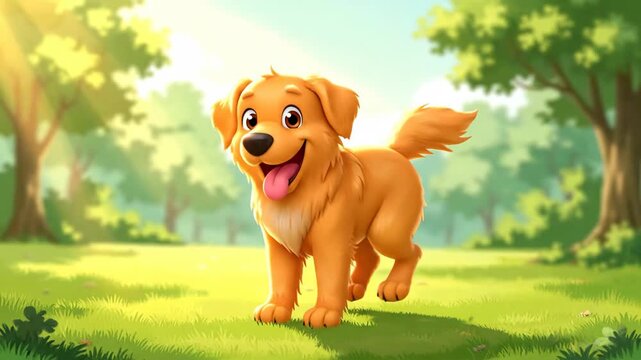 Happy  dog running and jumping in a sunny park. 2D animation of a playful golden retriever puppy. Fun and energetic pet concept