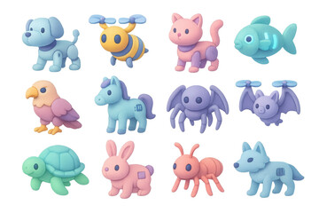 Fototapeta premium Cute pastel 3d animal figures for kids: dog, bee, cat, fish, bird, unicorn, spider, bat, turtle, rabbit, ant, fox
