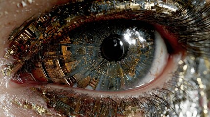 Surreal eye with intricate microcircuitry design, merging human and technological elements in a mesmerizing and futuristic visual.