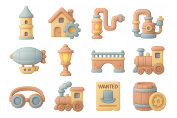 Steampunk elements set: whimsical 3d icons of trains, airships, and machinery