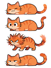 Cartoon set of an orange tabby cat in various lying down poses and moods: happy, curious, angry, and grumpy, vector illustration.