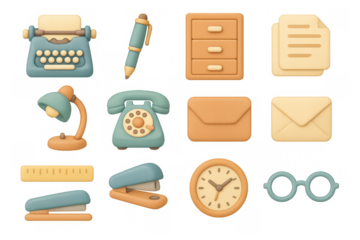 Retro office icons in soft pastel 3d design for creative digital projects