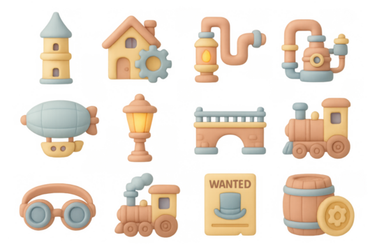 Steampunk elements set: whimsical 3d icons of trains, airships, and machinery