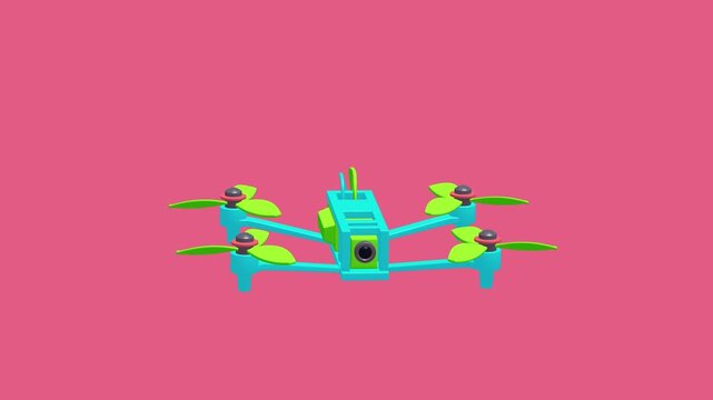 FPV Tactical Drone Flying Loop - 3D animation on black screen background. Remote control air drone. Pink Dron flying with action video camera.