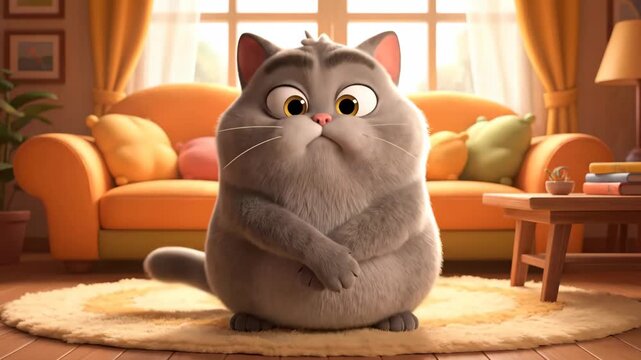 A funny 3D animated cat showing a range of emotions. A grumpy cartoon character with changing facial expressions from angry to sad to surprised. Mood swing concept