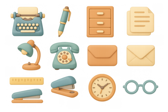 Retro office icons in soft pastel 3d design for creative digital projects