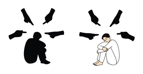 A depressed man is sitting on the floor, curled up in a ball. The concept of apathy, depression, loneliness, and mental health. Minimalistic silkscreen ,  Depressed man sitting, vector illustration