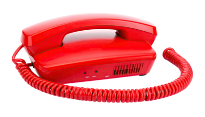 Classic red desk phone with coiled cord against a transparent background