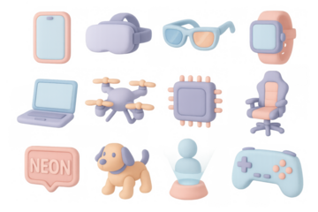 Futuristic tech gadgets in pastel colors with 3d soft design