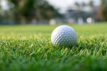 Obraz premium Golf ball on green grass in sunlight