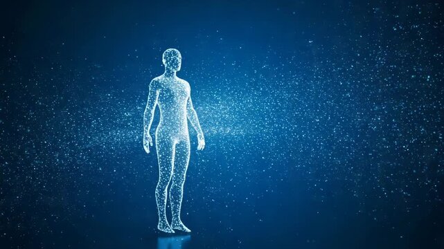 Digital human figure standing against a blue abstract background  