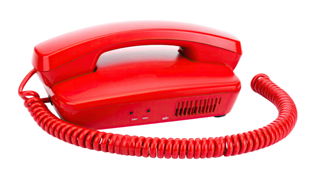 Classic red desk phone with coiled cord against a transparent background