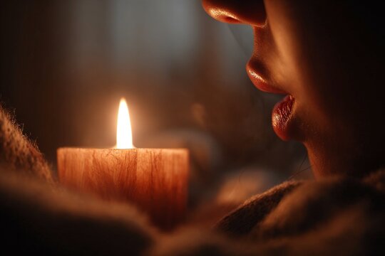 Person blowing out candle flame in warm light