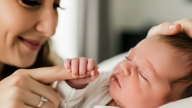 A loving mother gazes at her newborn baby, holding the tiny hand with a gentle smile on her face