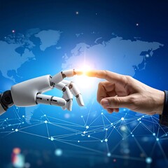 A human and robot hand, almost touching, against a world map backdrop