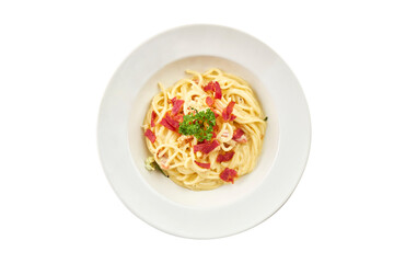 Spaghetti Carbonara with Bacon and Cream Sauce Isolated on White with Clipping Path