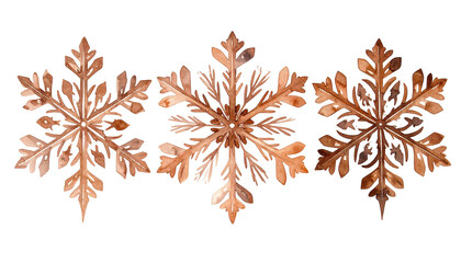 Three ornate, brown, watercolor snowflakes on a transparent black background