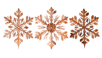 Three ornate, brown, watercolor snowflakes on a transparent black background